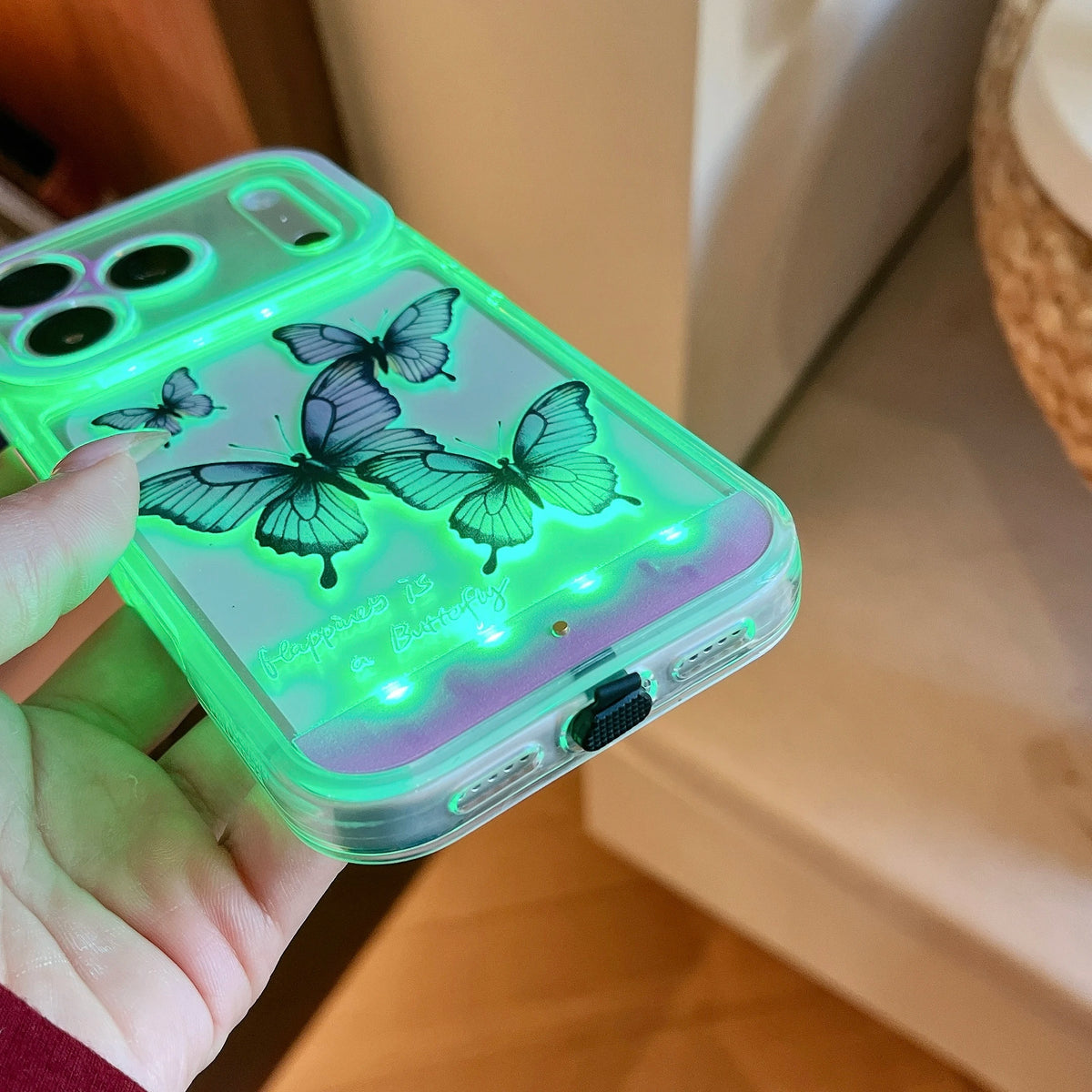 Change Color Luminous Call Light Up Purple Butterfly Pattern Phone Case For iPhone 16 15 13 12 11 14 17 Pro Max Plus Air X XSMax