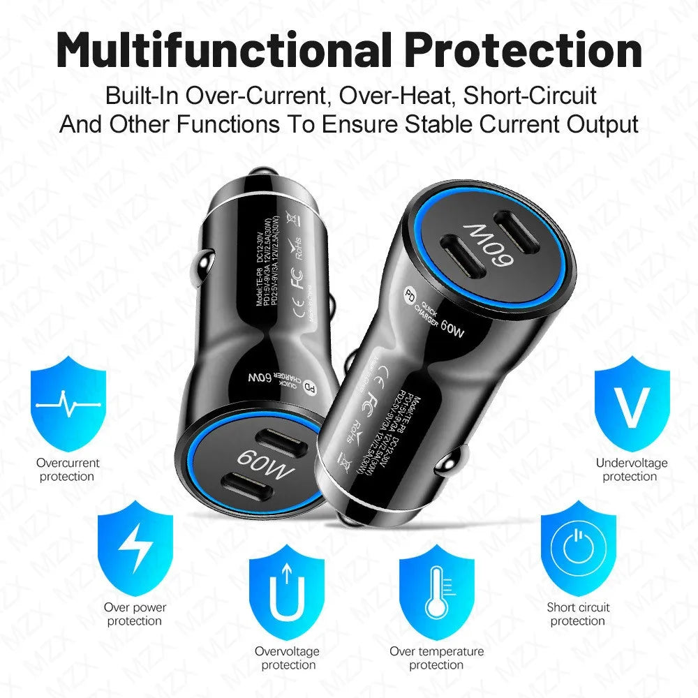 MZX 60W 48W 30W Duar Car Charger PD USB A Type C Smart Quick Charge 12V 24V Cigar Lighter Ultra QC 3.0 Charging for Cell Phone
