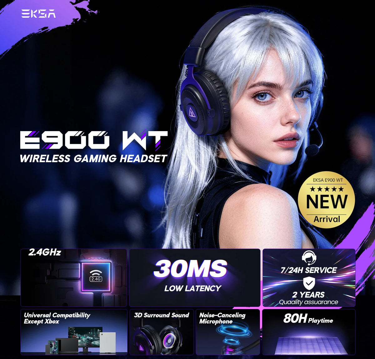 Oneodio EKSA E900 WT 2.4G Wireless Gaming Headset Tri-Mode Over Ear Bluetooth Headphones Gamer With Mic RGB For PC PS4 PS5 80Hr
