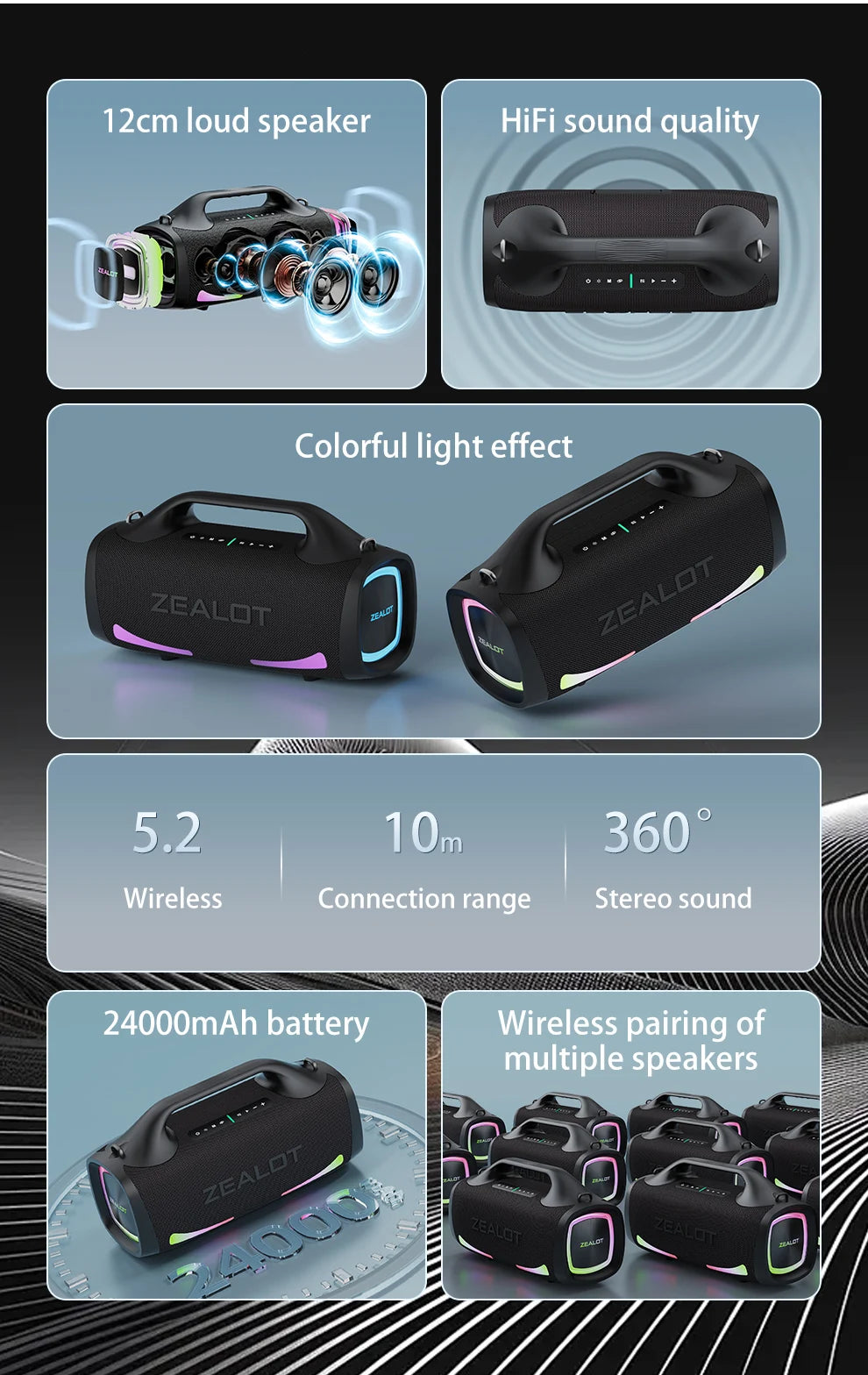 Zealot S79 100W Wireless Speaker, Portable Subwoofer Speaker, Hi-Fi Sound Quality, Dual Pairing, Fast Charging, 24000mAh.