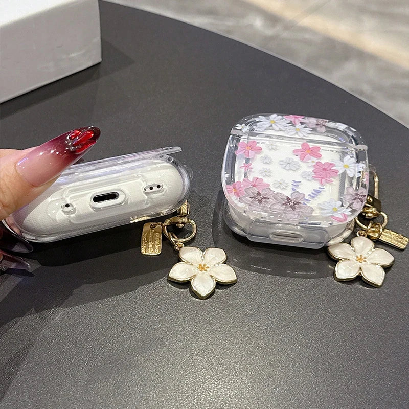 Pink Flowers Pattern Wireless Bluetooth Case for AirPods 4 3 1/2 AirPod Pro and Pro2 Case TPU Headset Protective Cover with Hoo