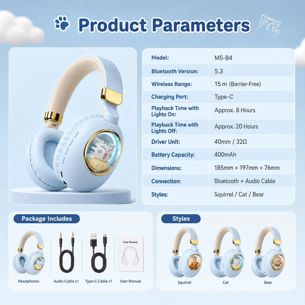 Kids Wireless Headphones with RGB light, 20H Battery Life, Transparent Capsule Cartoon Design, Bluetooth 5.3 Foldable Headset