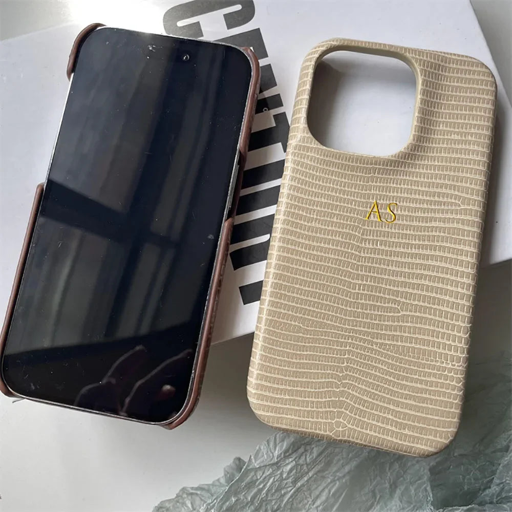 Personalise Gold Initials Letters Leather Cases For iPhone 17 Pro Max 16 Pro 15 14 13 Pro Max Luxury Lizard PU Hard Cover