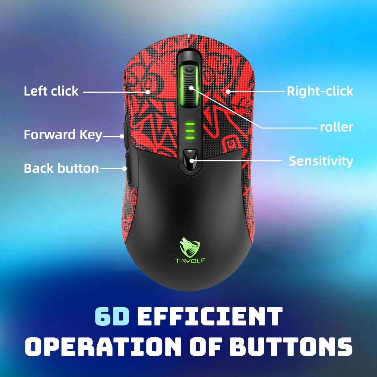 T-WOLF Tri Mode Gaming Mouse Wireless RGB Backlit 12800 DPI 2.4G Bluetooth Type-C Rechargeable Red Ergonomic 1000Hz