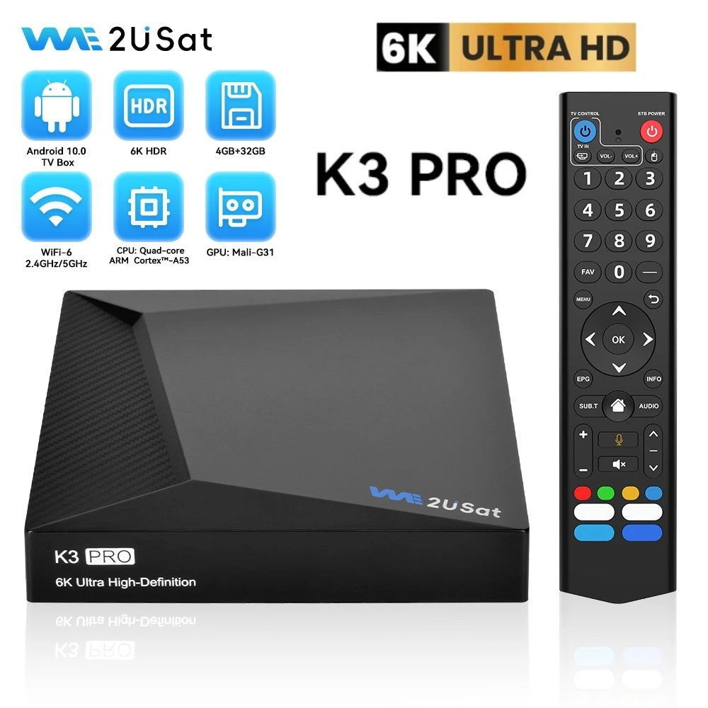 We2uSat K3 Pro 6K HDR Android 10.0 TV Box H.265 10bit Build in WiFi-6 2.4GHz/5GHz+BT 5.0,4GB+32GB Comparison With Vseebox V5 Pro