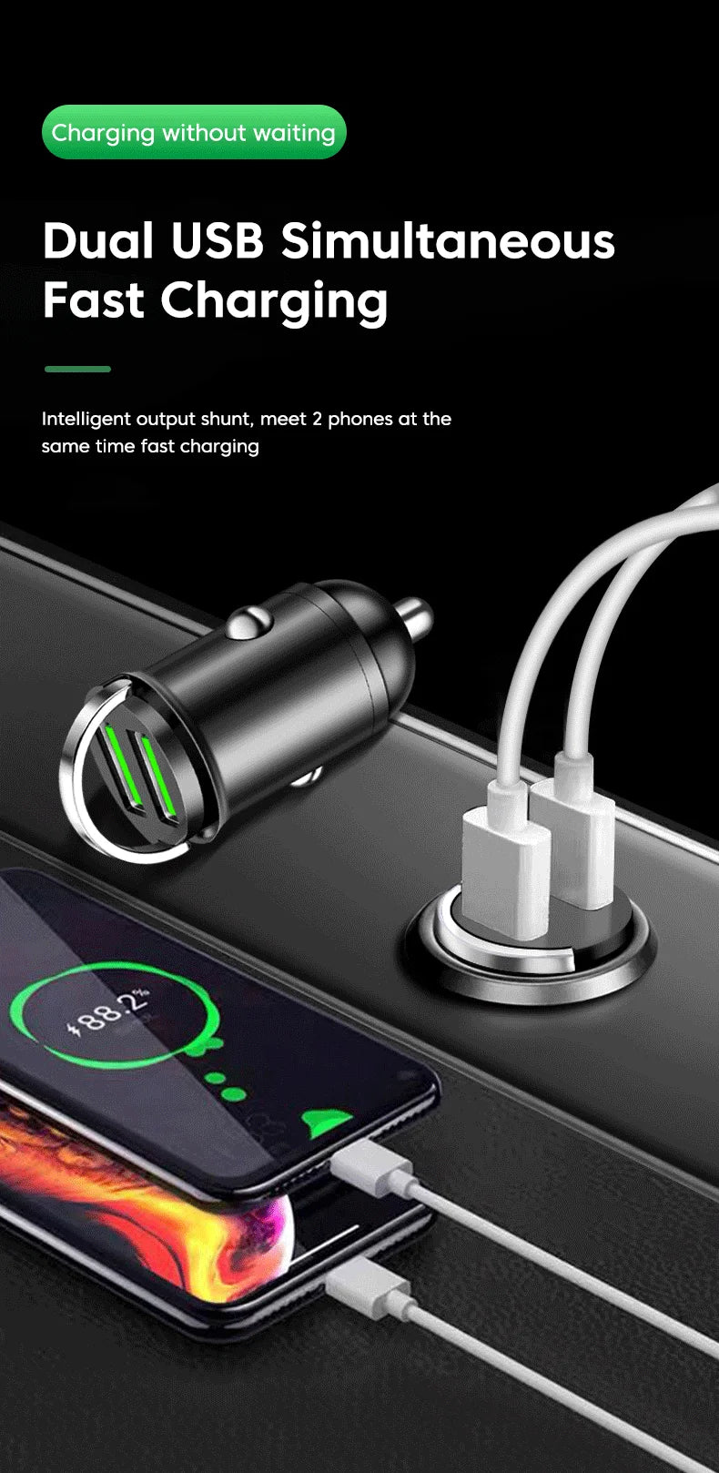 200W Dual USB Car Charger Fast Charging Pull Ring Car Phone Charger Adapter For iPhone Samsung Huawei Xiaomi Cigarette Lighter