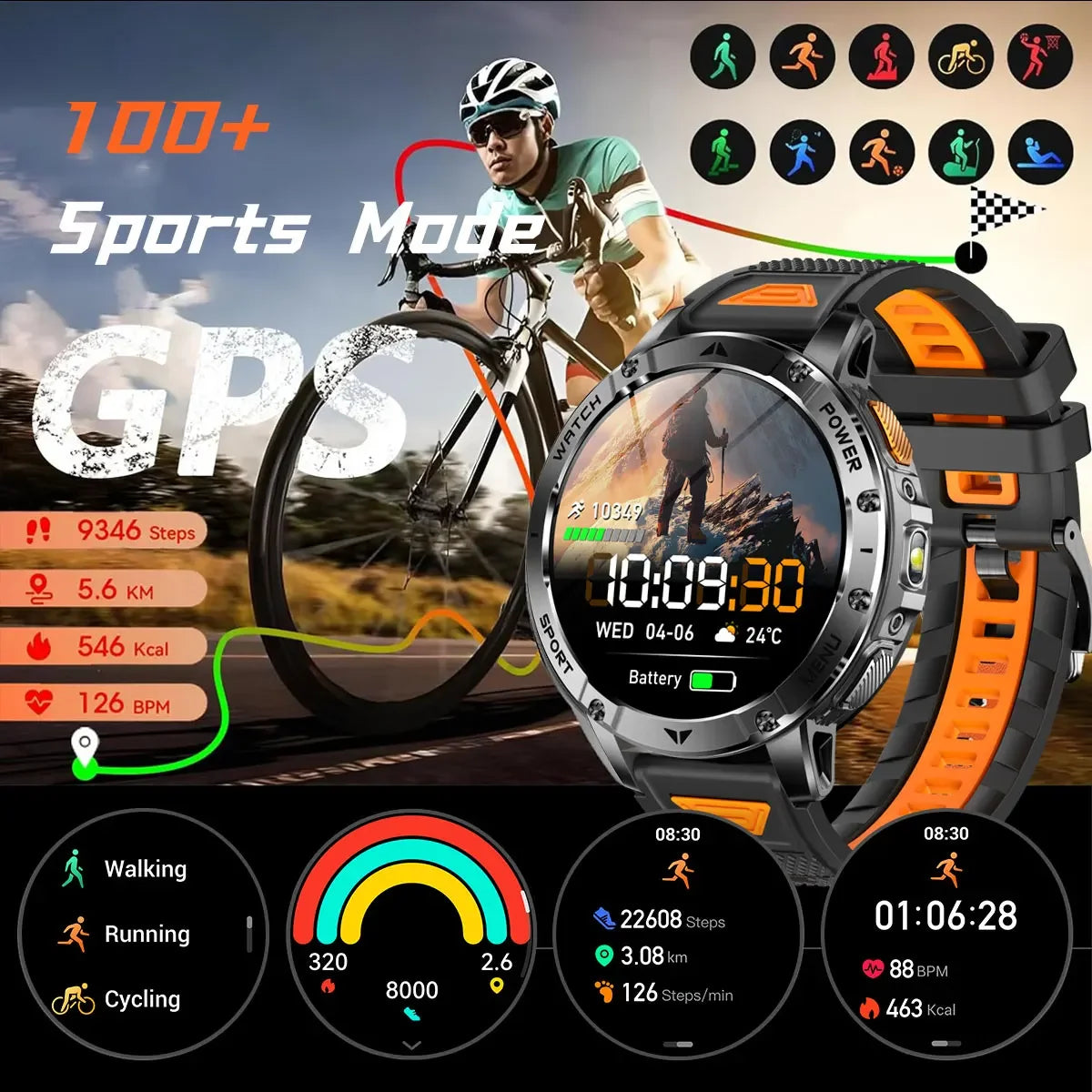 Ultra Large 1400mAh Battery Sport Smartwatch 1.7” Heart Rate Tactical Strong Flashlight 5ATM Waterproof Call Smart Watch For Men