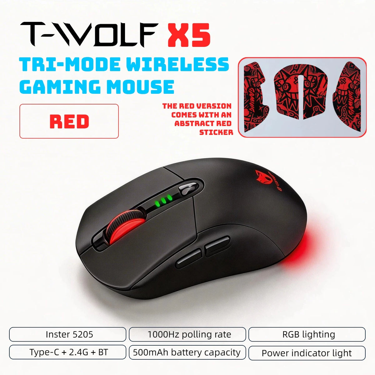 T-WOLF Tri Mode Gaming Mouse Wireless RGB Backlit 12800 DPI 2.4G Bluetooth Type-C Rechargeable Red Ergonomic 1000Hz