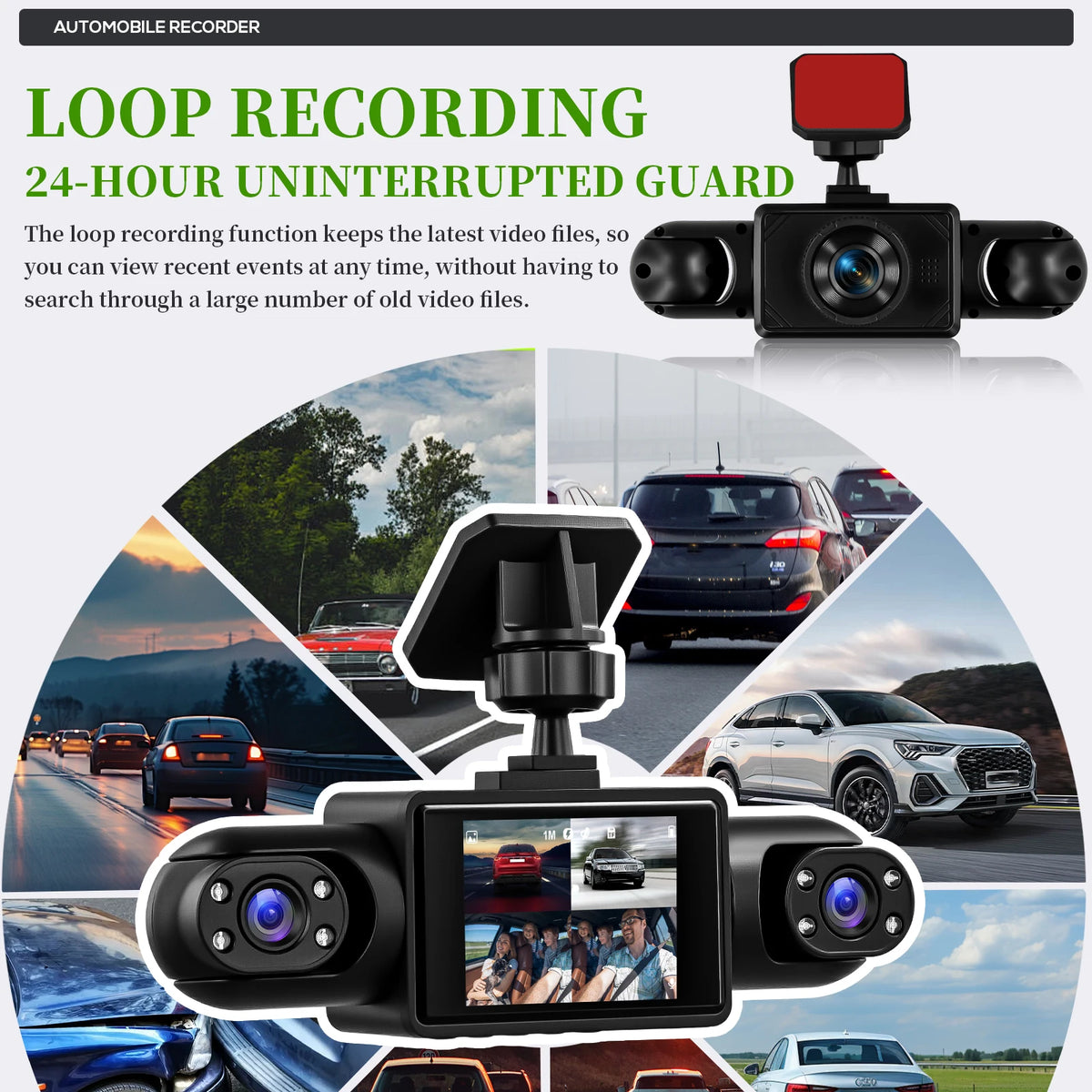 Podofo 2inch 1080P Car Dash Cam with Four High-Definition Cameras, Including 480P Left Interior, Right Interior, and Rear Cameras Loop Recording Add Hardwire Kit Car Accessories Black Box Driving Assistance Camera
