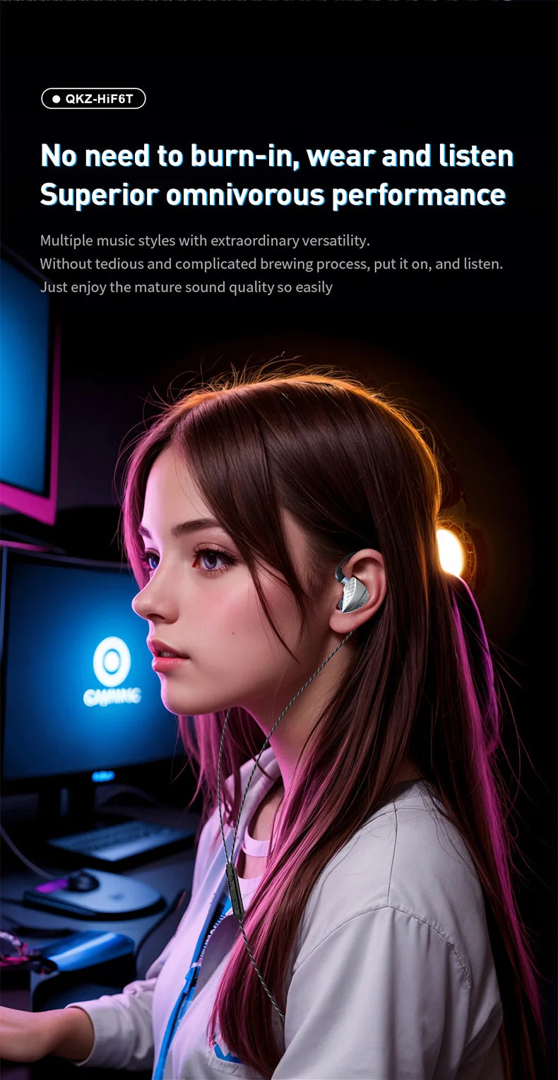QKZ Hi6T In-Ear Headphones, Studio Monitors, Wired Bass Control, Mobile, Running, Live Streaming