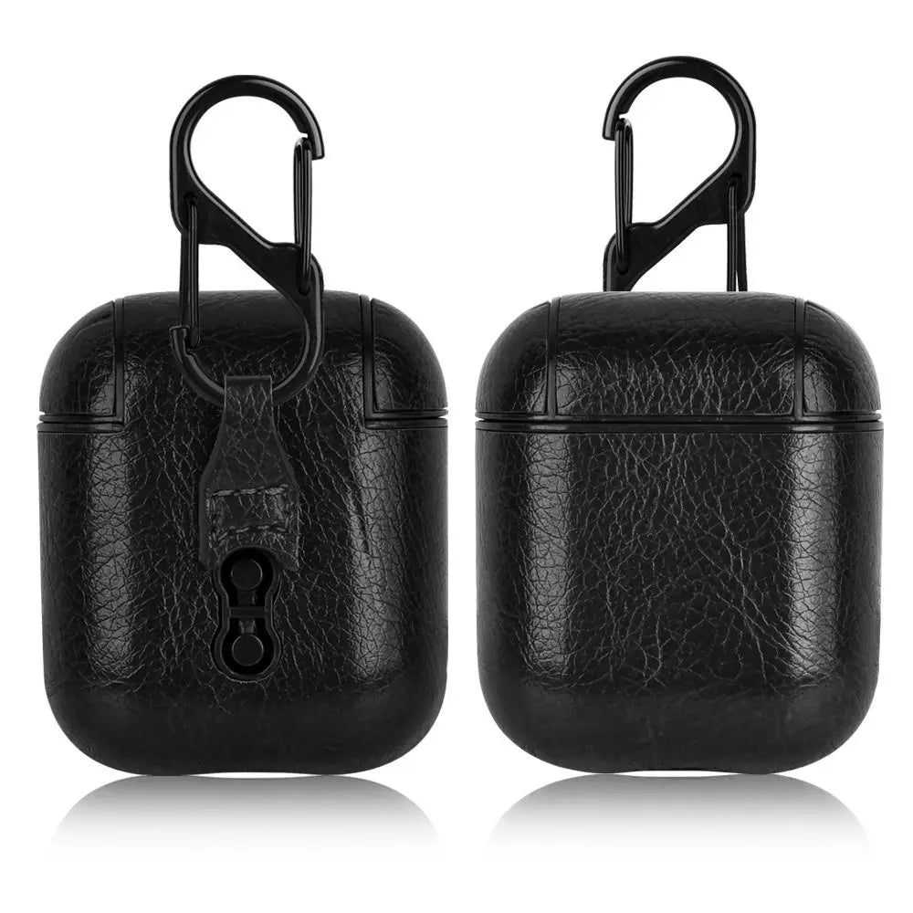 PU Leather Earphone Case for AirPods 1/2 Gen Earbuds Cover Wireless Headphone Protective Shell with Carabiner