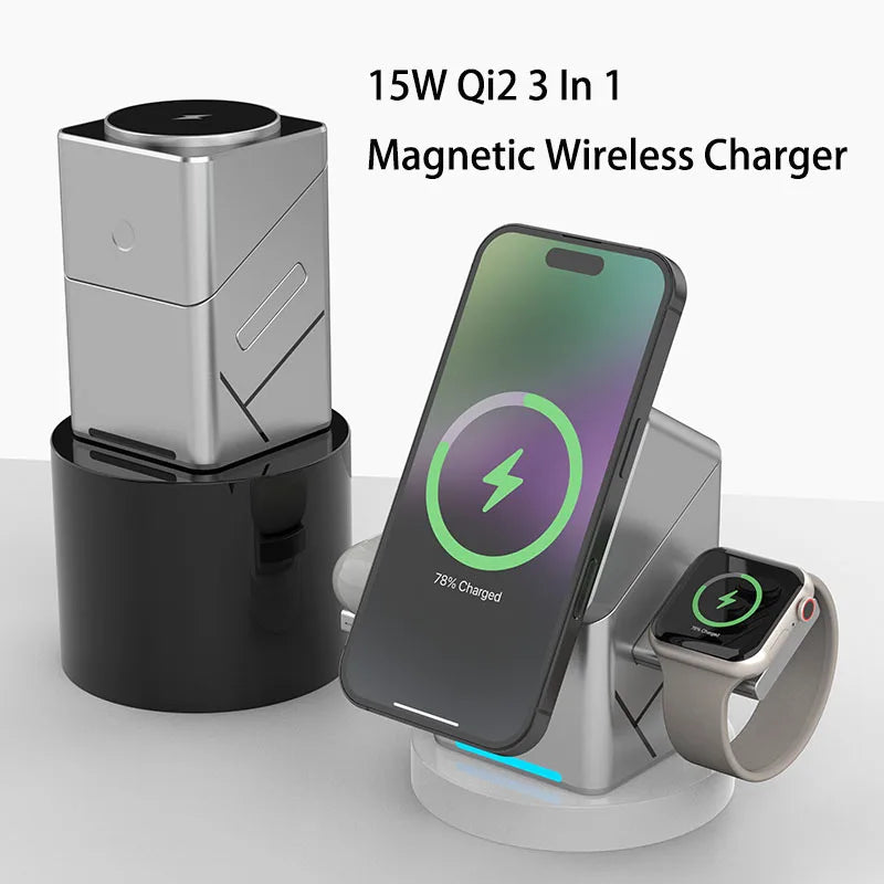 Rotating Qi2 3in1 15w Magnetic Wireless Charger Stand For iPhone 16 15 14 13 12 Max iWatch Airpods Fast Charging Dock