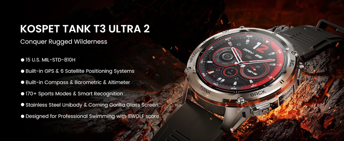 KOSPET TANK T3 Ultra 2 Smart Watch for Men GPS Stainless Steel Extra-Long Battery 5ATM IP69K Waterproof 24/7 Health Monitor