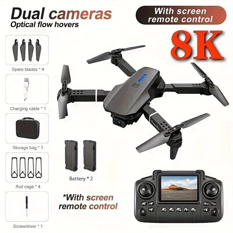 2026 Upgraded E88 PRO MAX Foldable Drone with Dual Cameras, 8K Screen Remote Control, Extra Batteries, One Key Return, Portable RC Quadcopter for Adult Beginners, Black Friday Christmas Holiday Gift