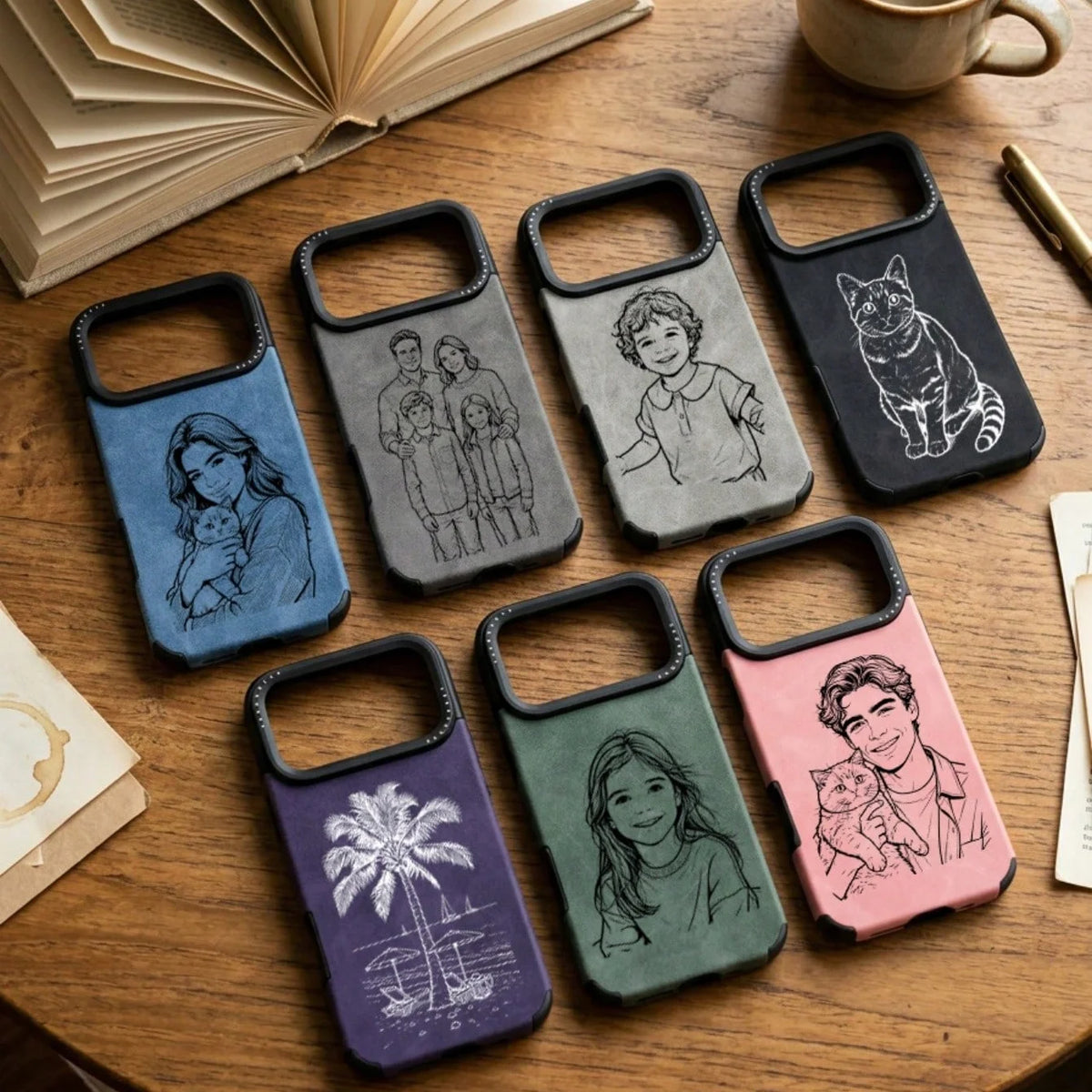 Personalized Custom Line Drawing 3D DIY Engraved Faux Leather Faux Phone Case For iPhone 17 16 15 14 13 12 11 Pro Max Pro 17Air