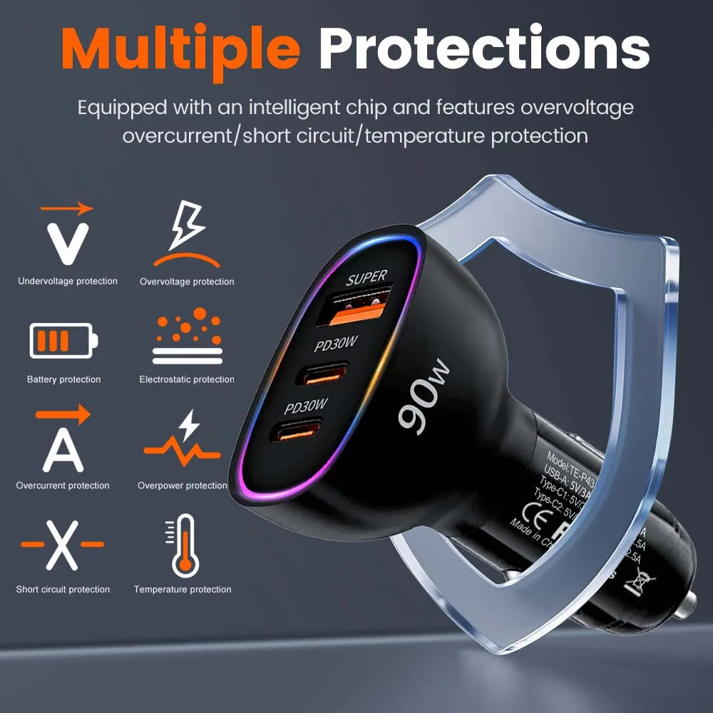 90W USB C Car Charger 3-Port Super Fast Charging Adapter Dual PD 30W and USB A with LED Ring Light For iPhone 17 16 For Samsung