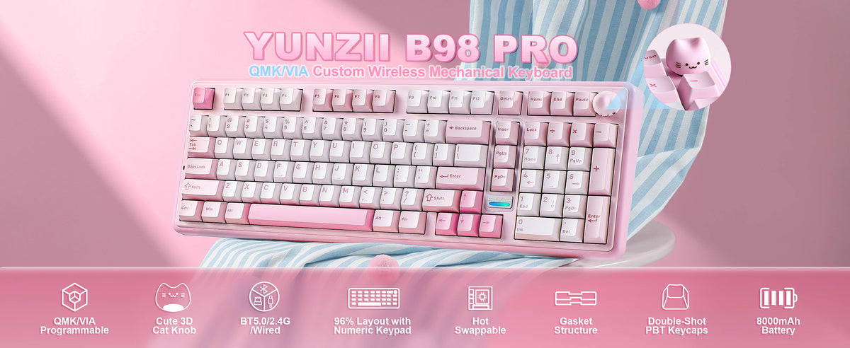 YUNZII B98 PRO QMK/VIA Wireless Mechanical Keyboard, 96% Layout Custom Gaming Keyboard, Hot-Swap Gasket RGB Keyboard for Win/Mac
