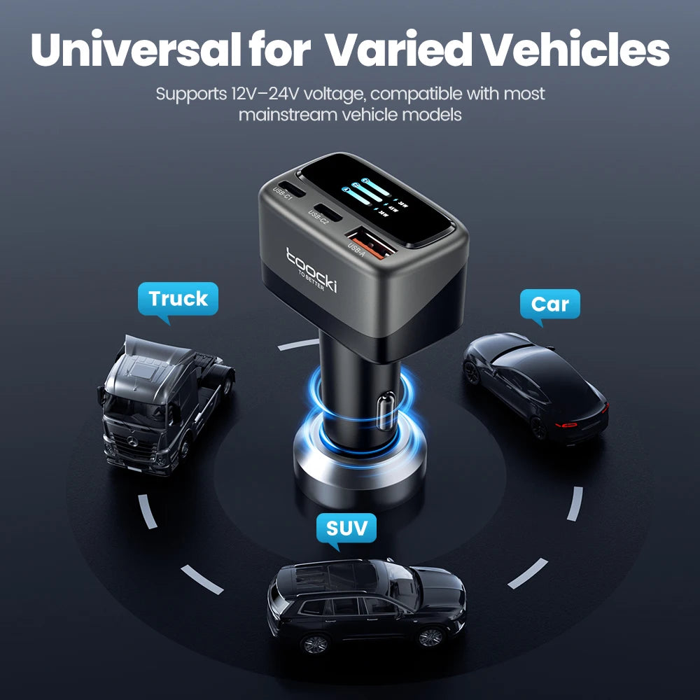 Toocki 105W 3-in-1 Car Charger PD 45W 30W PPS Fast Charging Type C Display Car Phone Charger For iPhone 17 16 Samsung S23 S24