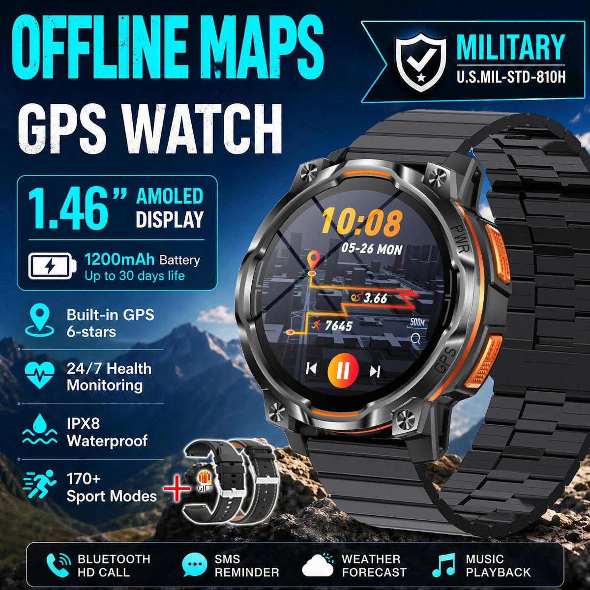 Men Outdoor GPS Smartwatch Offline Map 107 Sport Modes 1200mAh Battery BT Call Heart Rate BP SpO2 Fitness Sports Wrist Watch