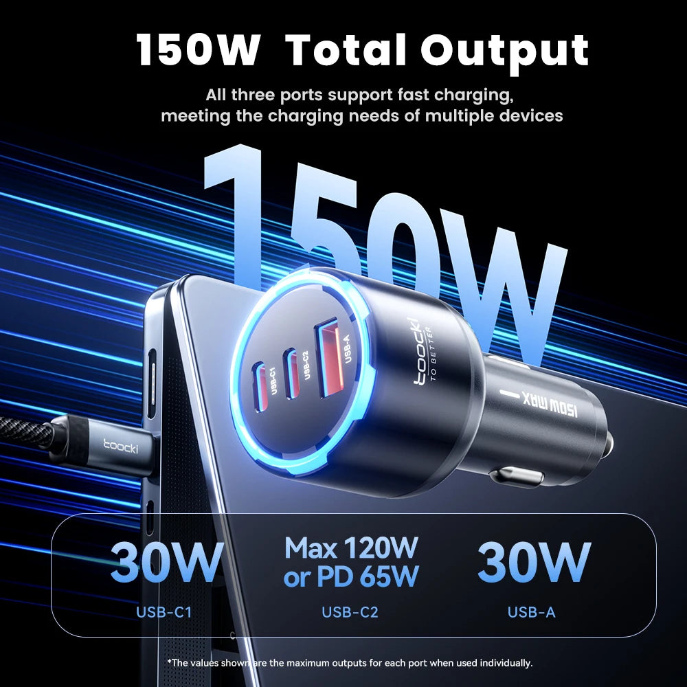 Toocki 150W USB C Car Charger PD3.0 PPS SFC3.0 for iPhone 17 Samsung S26 Ultra Xiaomi Huawei Fast USB Type C Car Phone Charger