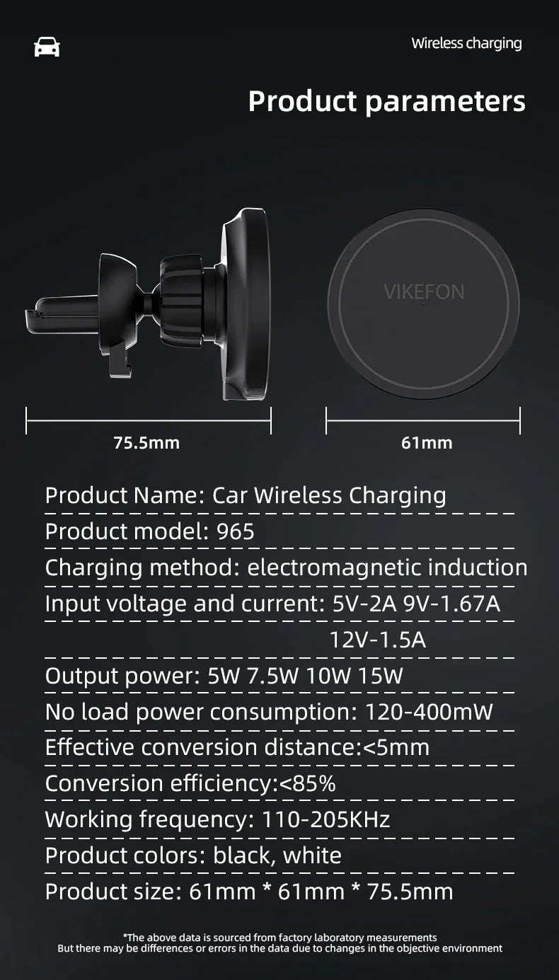 VIKEFON Magnetic Car Wireless Charger + Ring For iPhone 12 13 14 15 Pro Max Air Vent Car Phone Holder Stand Fast Car Charging