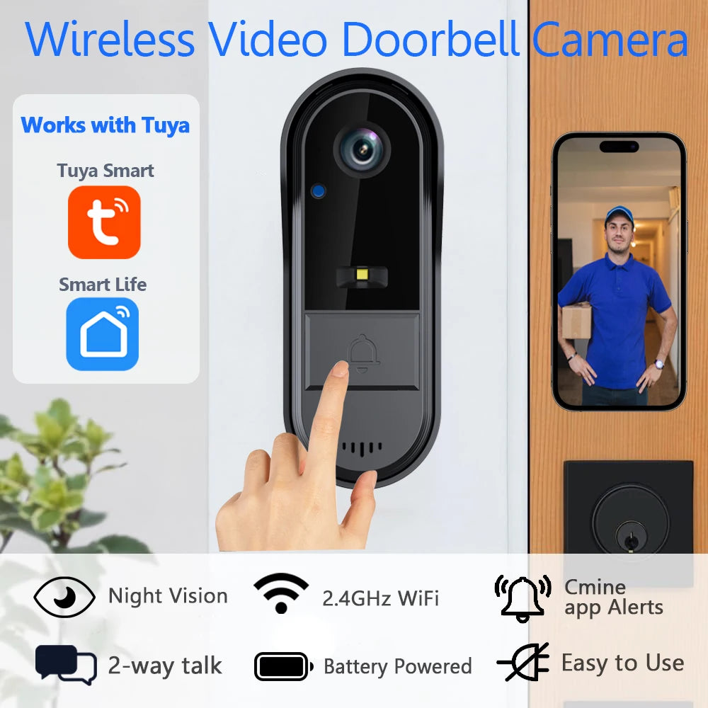 XBIBI Tuya WiFi doorbell, Smart Video Doorbell Camera, 2-way Intercom, Night Vision, microSD/cloud, waterproof, long standby, Wireless Security Camera, Rechargeable Battery