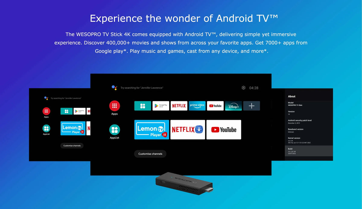 WESOPRO TV Stick G2 Android 12 Smart TV Dongle 2GB RAM 16GB ROM 2.4GHz 5.0GHz Wifi6 BT5.0 H.265 4K 30pfs Media Player