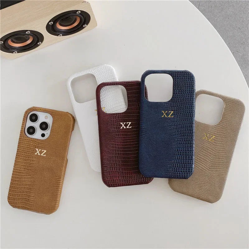 Personalise Gold Silver Initials Letters Leather Case For Iphone 15 12 14 13 16 17Pro Max 14 16 Plus Luxury Lizard PU Hard Cover