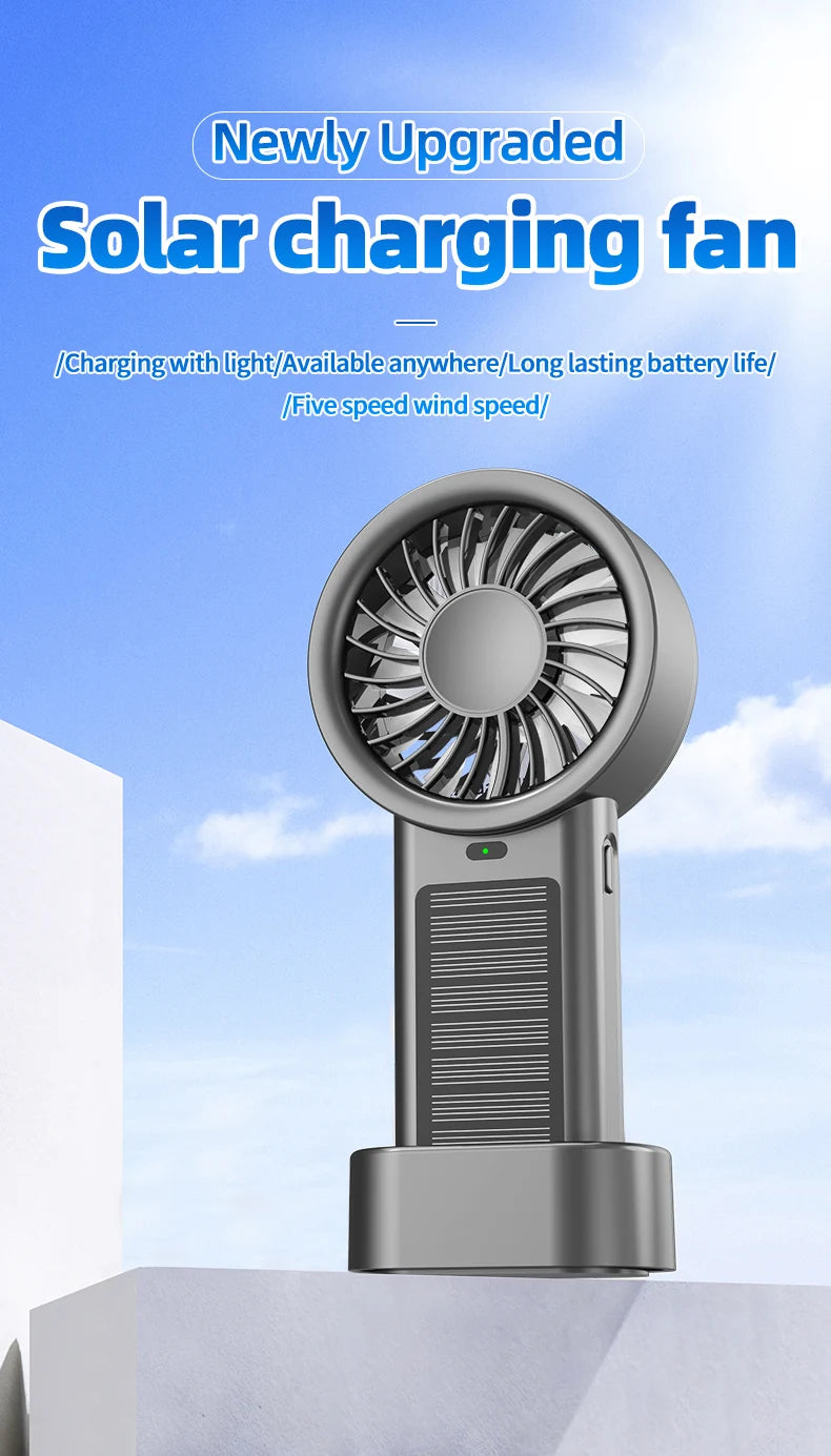 Solar Handheld Fan Small Dekstop Fan USB Light Rechargeable Portable Mini Air Cooling Hand Fan for Outdoor Camping Travel Hiking