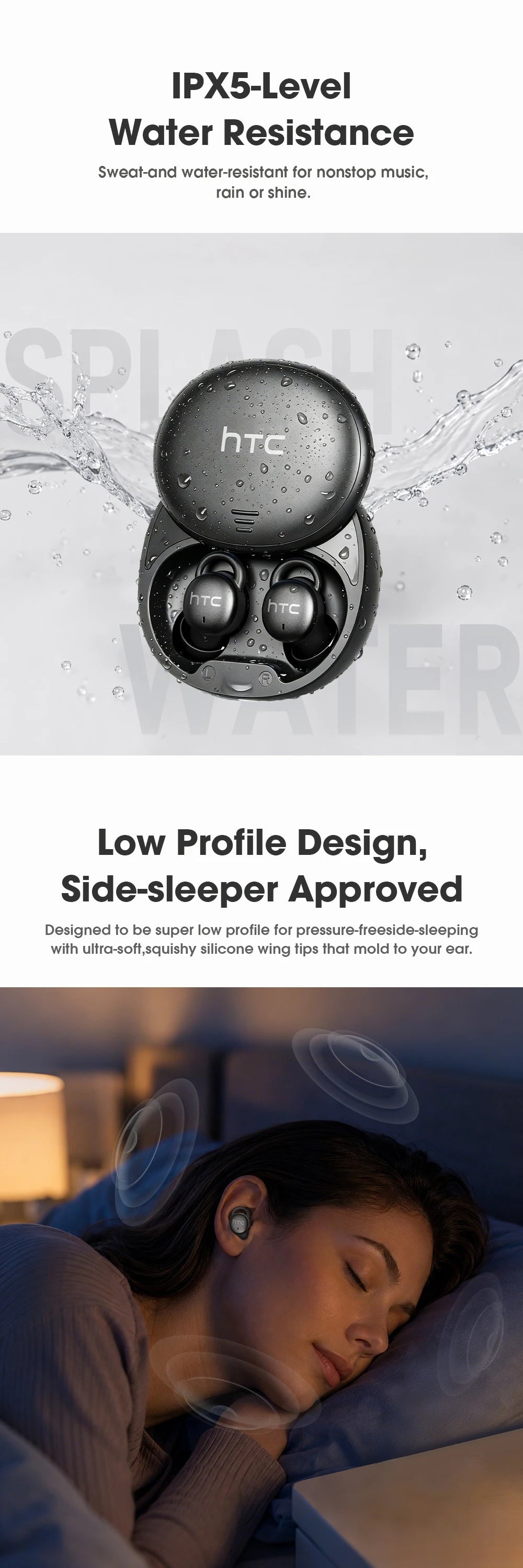 Micro Sleep Wireless Earbuds HTC NE97 Bluetooth 5.3 Pain-Free Fit 18H Playtime Friendly Earphones Soft Sound Side-Sleep