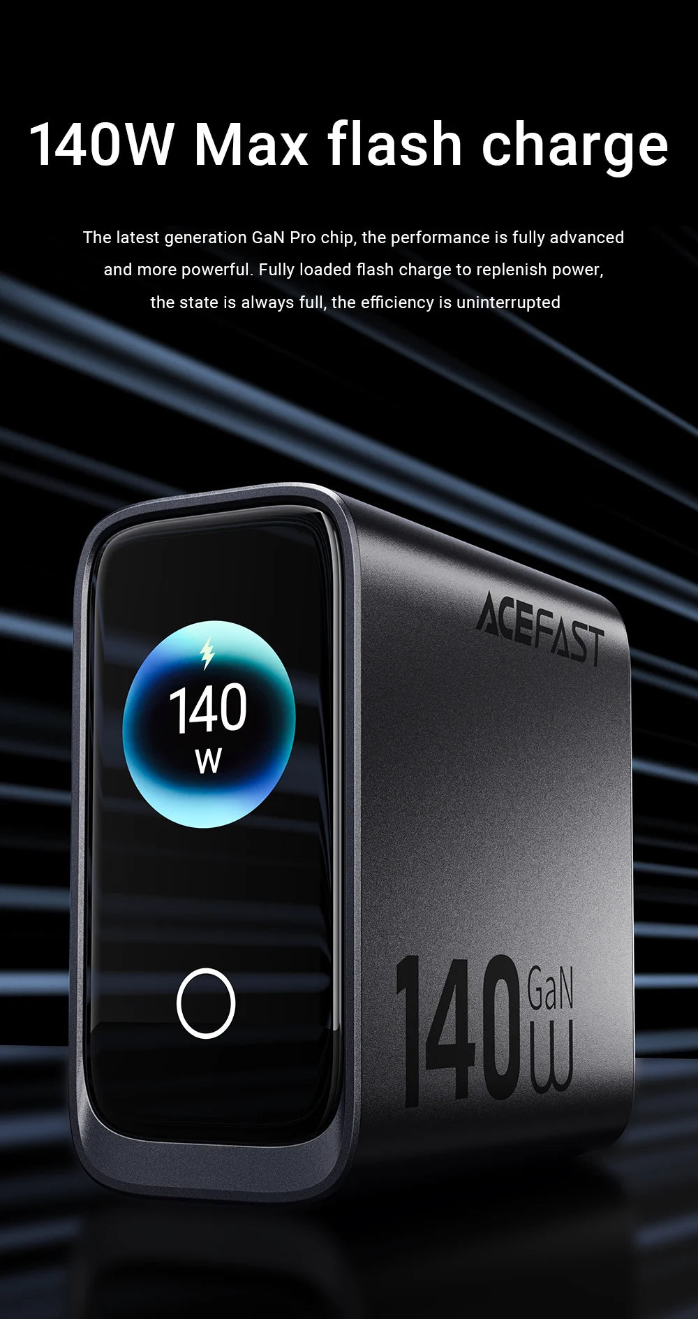 ACEFAST US Plug GaN 140W Fast Charging Phone Charger LED Display Screen For iPhone 17/16 Pro Max USB C USB A Wall Travel Adapter