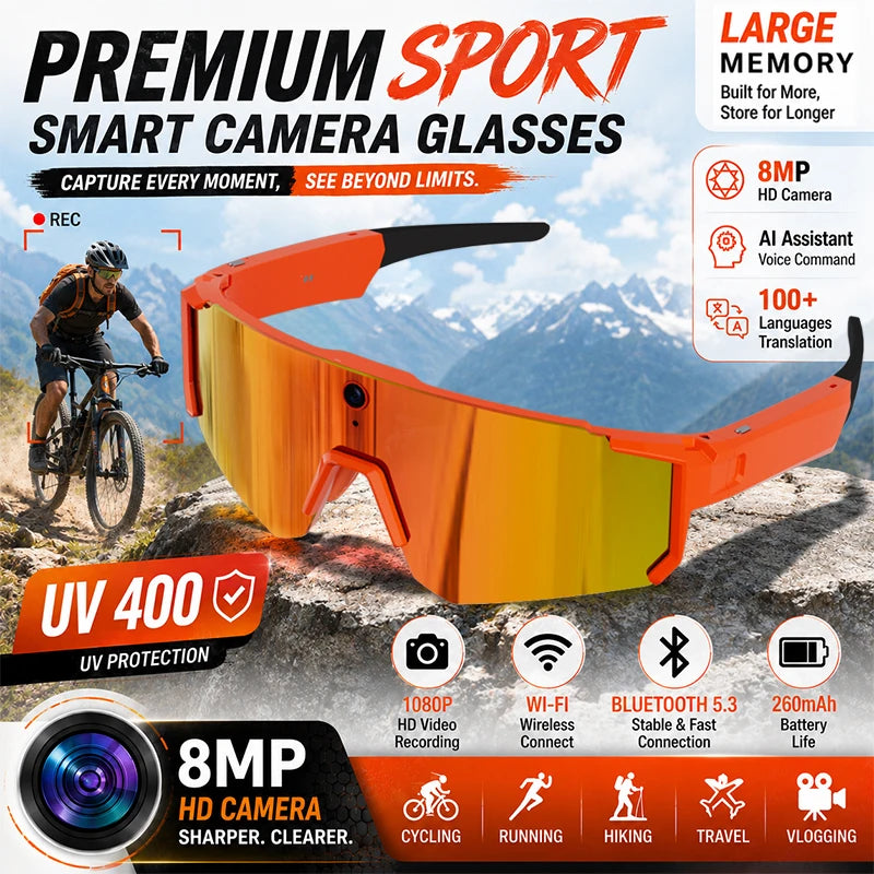 2026 New Smart Cycling Glasses 3200W Photo Pixel AI Intelligent Identification IP54 Waterproof Bluetooth 5.3 Smart Glasses