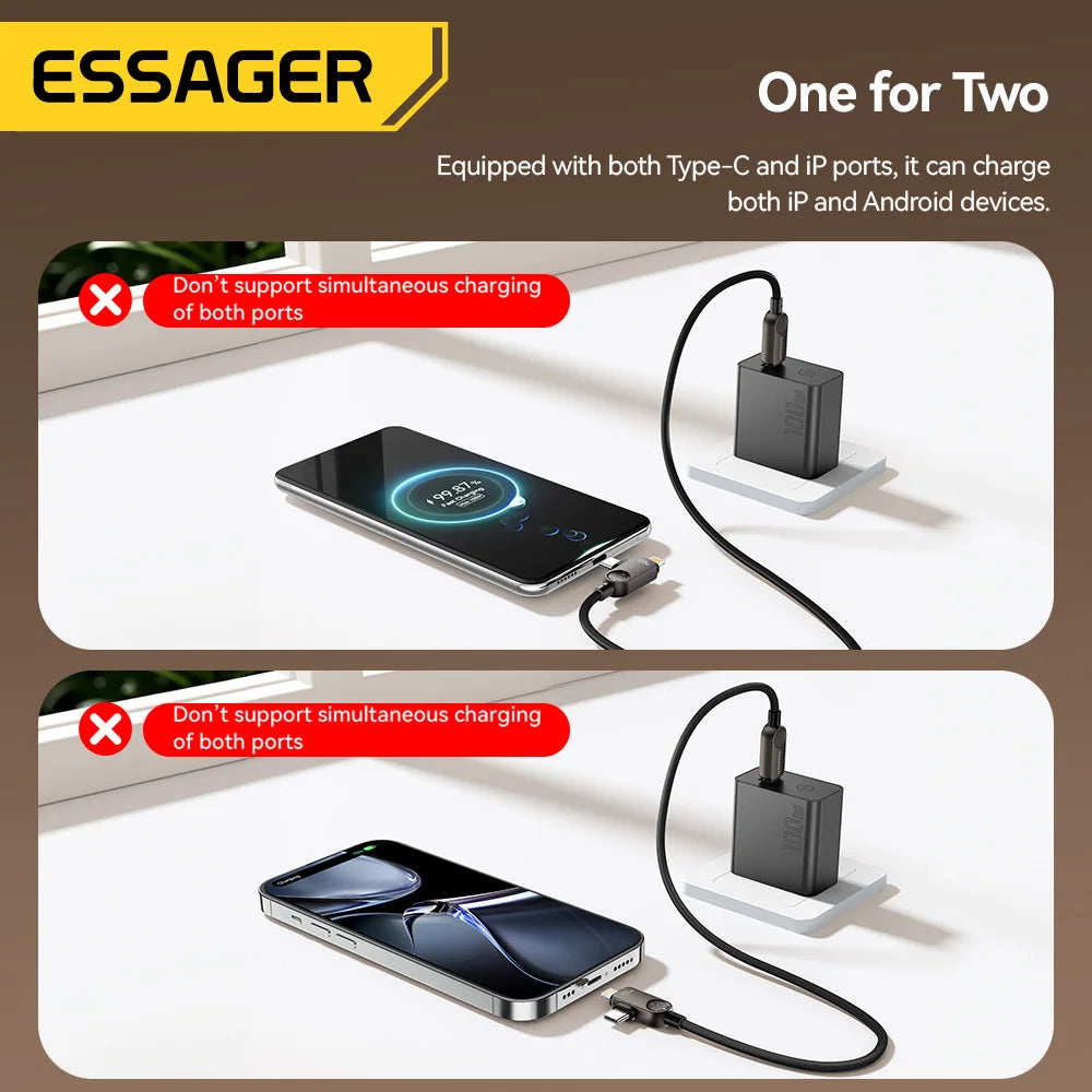 Essager 2-in-1 USB Type C to Lightning Cable 100W PD Fast Charging Wire for iPhone 17/16/15/14 MacBook iPad Xiaomi - Type C to L
