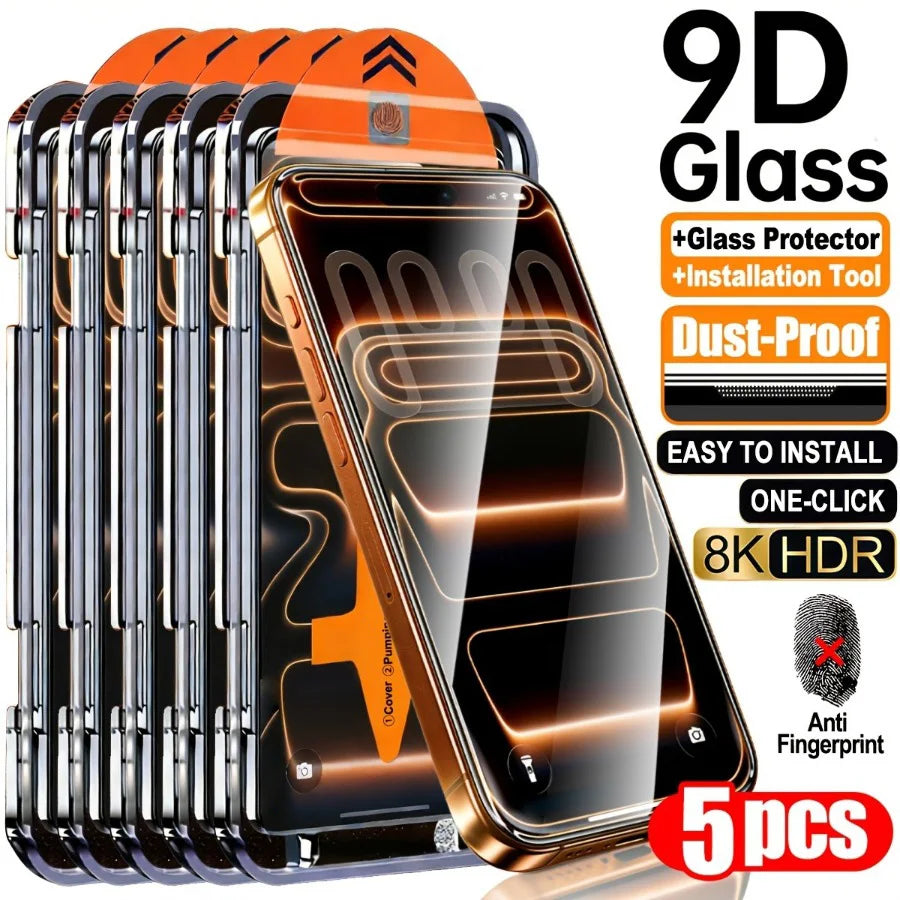Dust Free Screen Protector For iPhone 17 Pro Max Air 18 16e 16 Plus 15 14 11 12 13 Mini XR Tempered Glass Auto-Dust Removal Kit