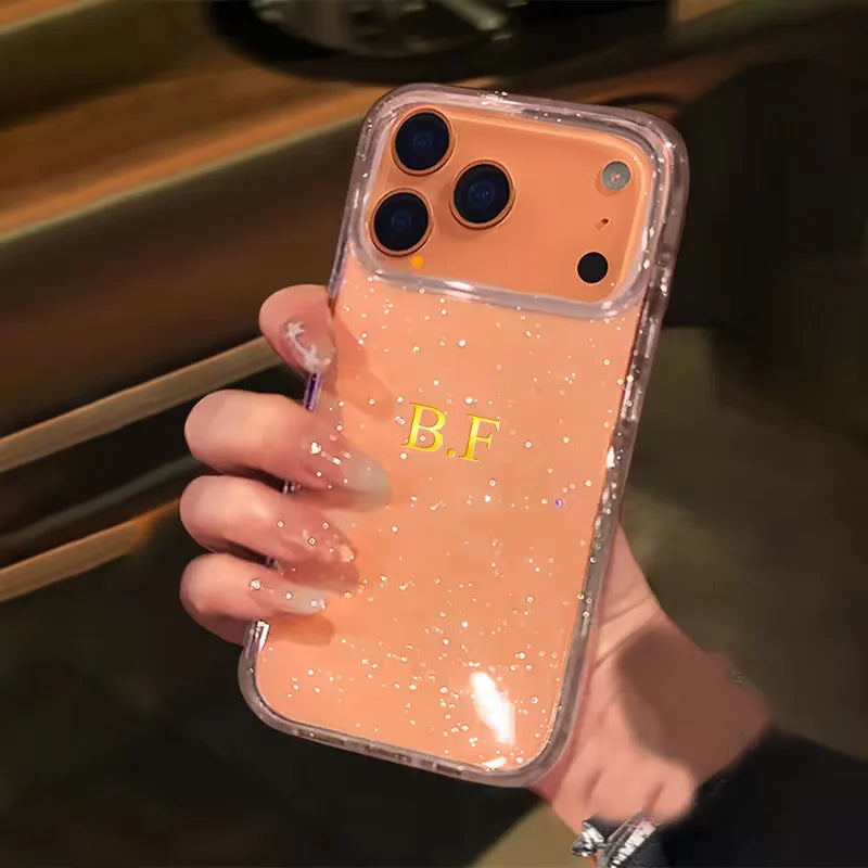 Personalized Custom Name Hot Foil Engraved Transparent With Fine Glitter Phone Case For iPhone 13 14 15 16 17 Pro Max 17 Air
