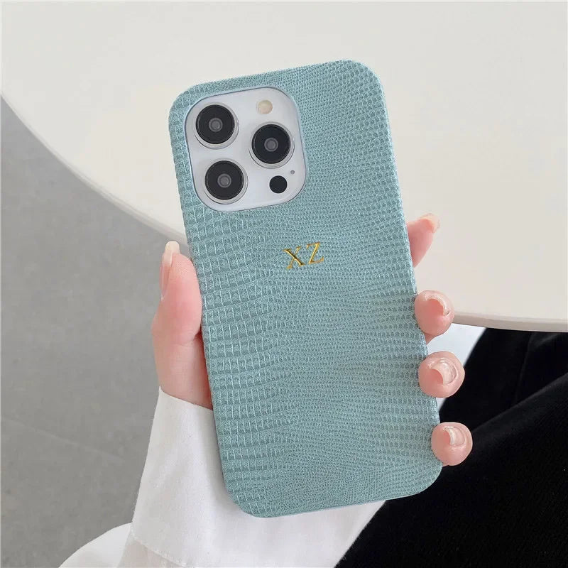 Personalise Gold Silver Initials Letters Leather Case For Iphone 15 12 14 13 16 17Pro Max 14 16 Plus Luxury Lizard PU Hard Cover
