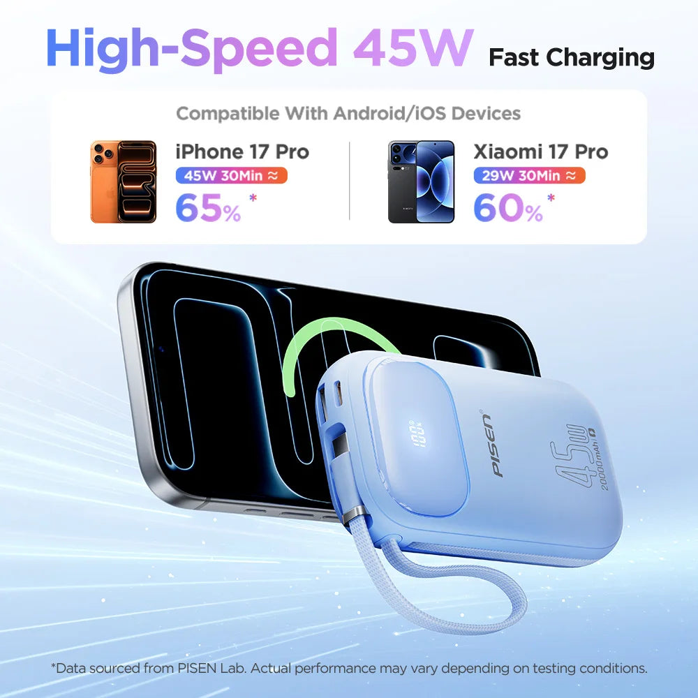 PISEN 45W Fast Charging Power Bank Built-in Dual USB-C Cable 10000mAh/ 20000mAh Mini Portable Powerbank For iPhone 17 Xiaomi