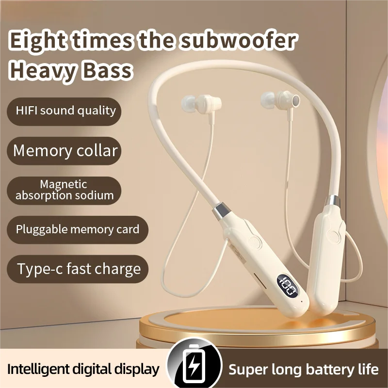 BT-12 Wireless Bluetooth Earphones Sports Headphones Card Insertion Digital Display Noise Cancelling Headset HiFi Music Earbuds