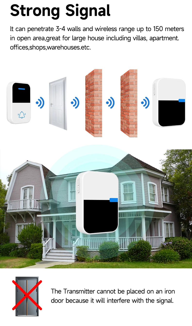 Good Sound Quality High Volume Long-Distance Kinetic Door Bell Household Waterproof Battery Free Self Powered Wireless Doorbell