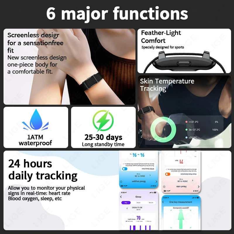 LIGE New No Screen Smart Bracelet Heart Rate Thermometer Men's Wristbands Waterproof Sports Fitness Men Women Smart Watch 2026