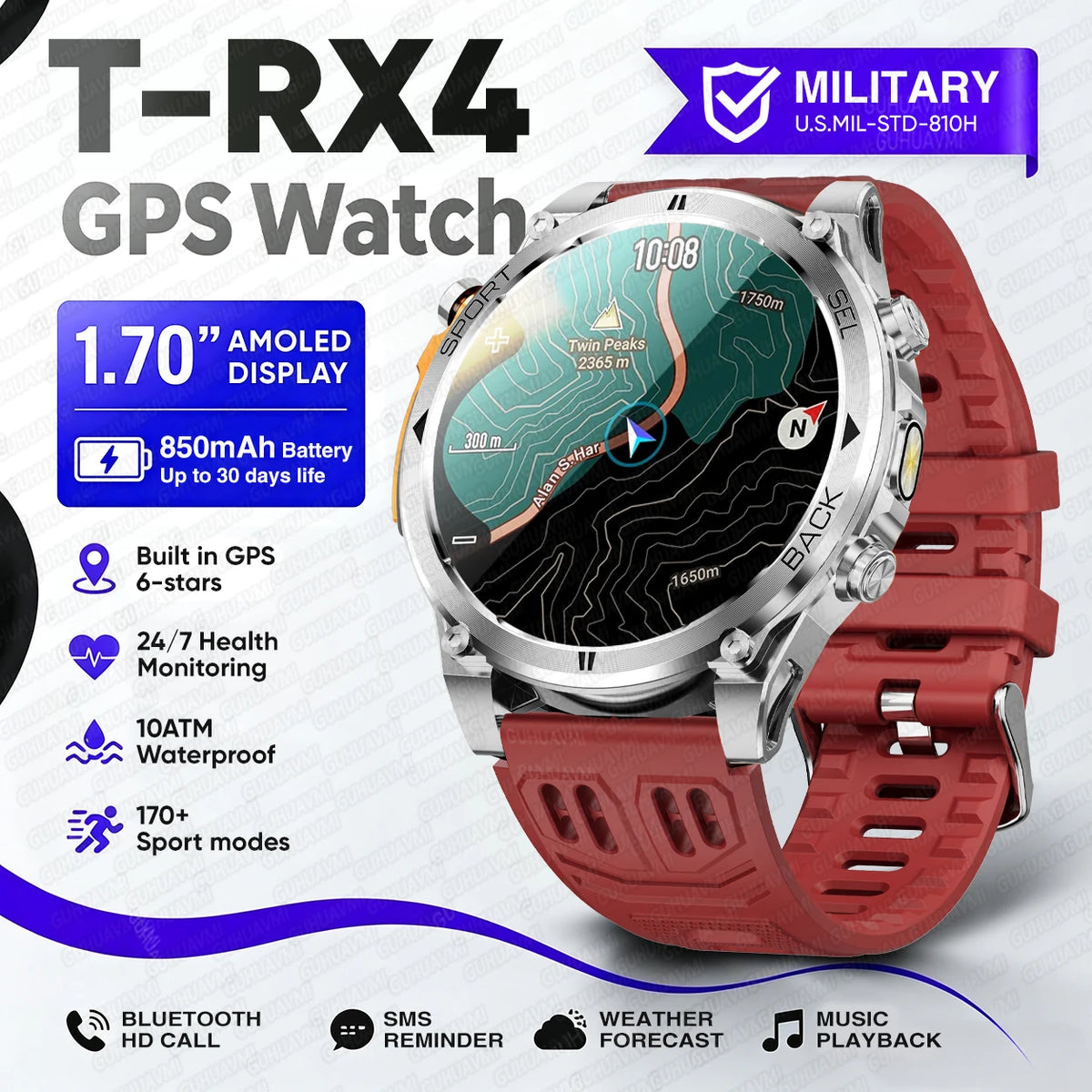 T-RX4 Ultra GPS Outdoors Military Smart Watch Men 1.7" AMOLED Compass 10ATM Waterproof 850mAh Battery Bluetooth Call Smartwatch