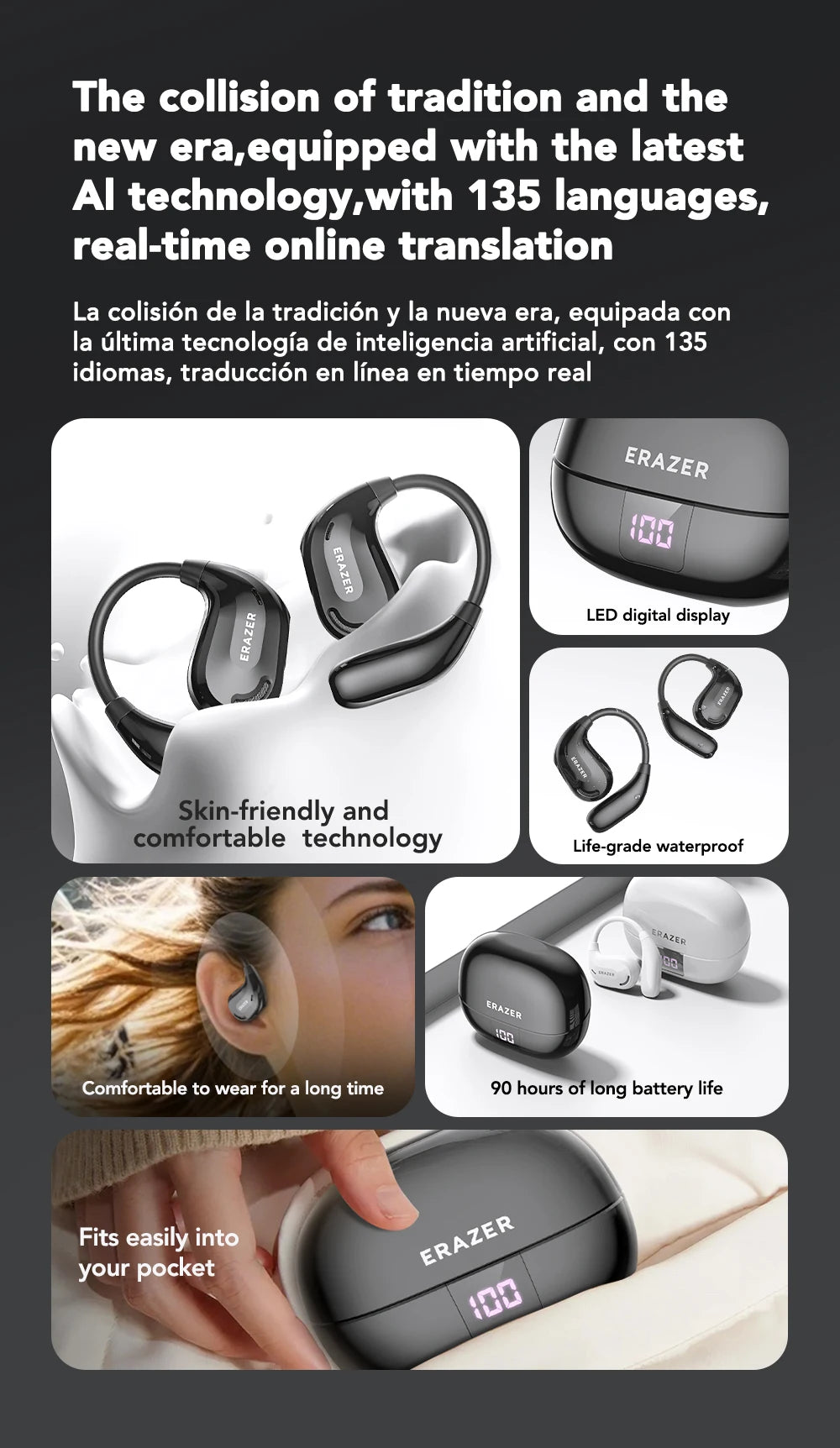 Erazer XT66 Intelligent Translator Earphone Wireless Headphones Bluetooth Earbuds Real-time Translate Equalizer APP Built-in Mic