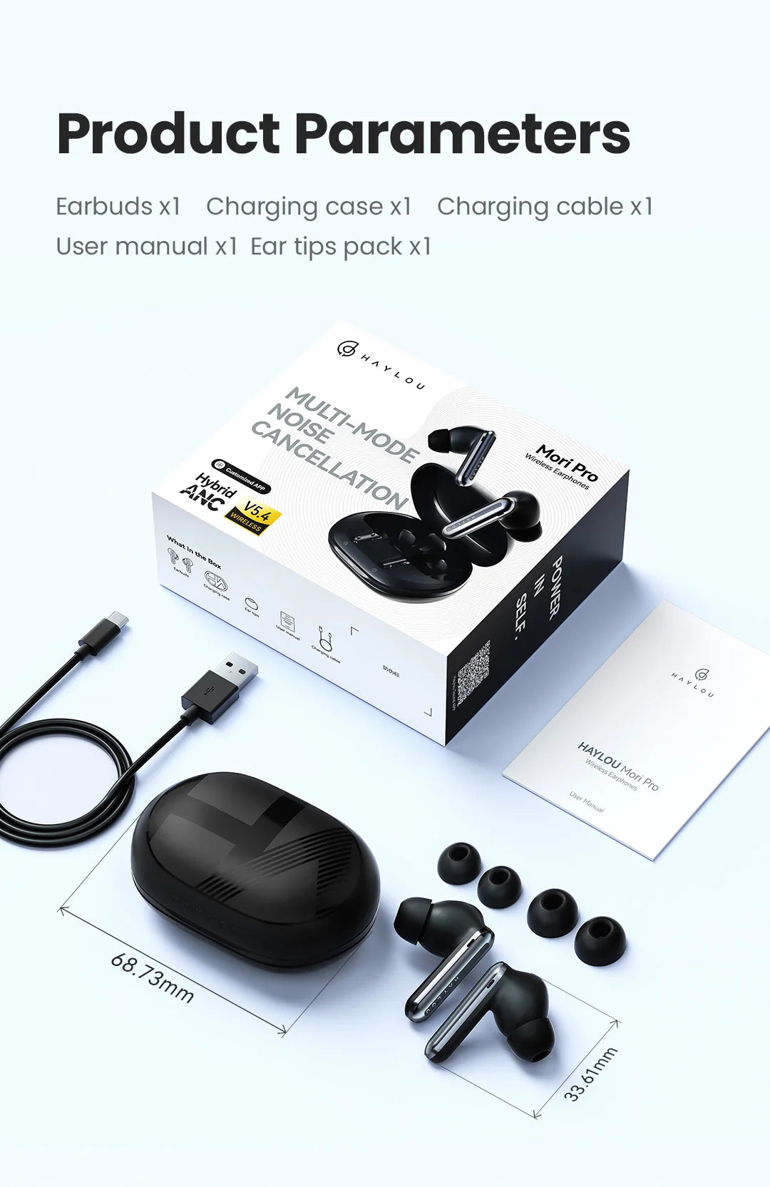 HAYLOU Mori Pro Bluetooth 5.4 Earphones Wireless 43dB Adaptive Hybrid ANC Hi-Res LDAC Earbuds 6 Mic Headphones 28H Battery Life