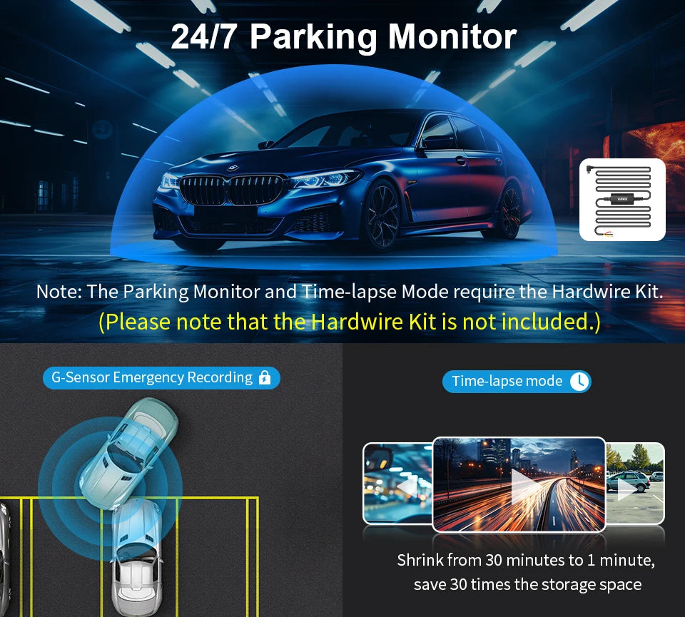 2K Mini Dash Camera Front DVR KAWA MINI 3 Hidden Dash Cam Video Recorder Emergency Voice Control Night Vision WiFi Dashcam