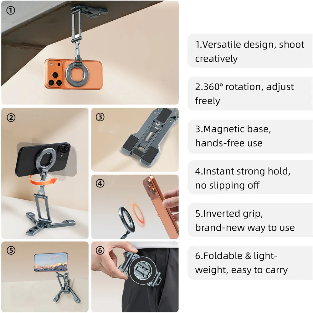 LEAPLIGHT Dual Side Magnetic Tripod Overhead Phone Holder with Hook Design Hanging Phone Tripod Stand for Iphone Android