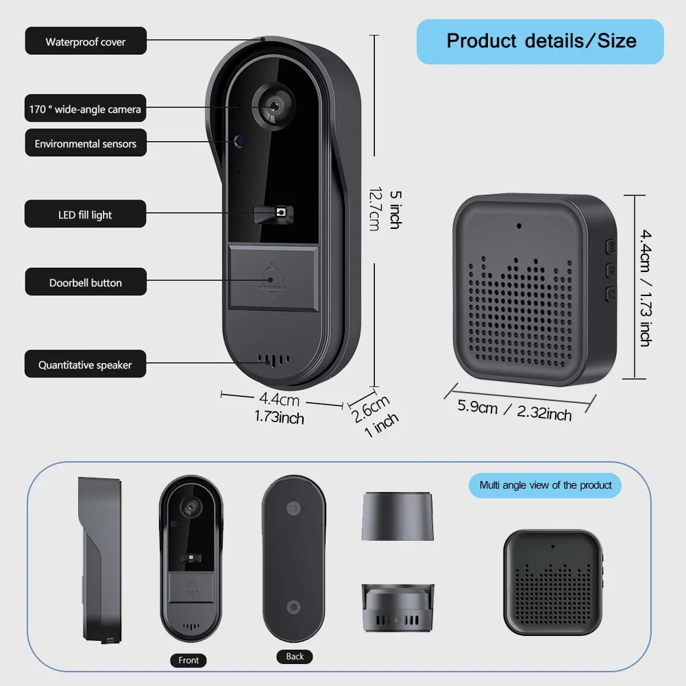Tuya WiFi doorbell 2-way HD 1080P, microSD/cloud, waterproof, 1000mAh battery, long standby,Wireless Security Camera