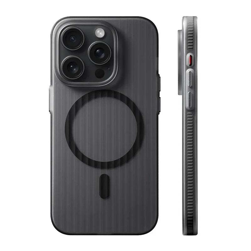 Geometric 3D Stripes Wireless Charging MagSafe Phone Case For iPhone 14 15 18Pro Max 15 13 Pro 16 Anti-fall Bumper Frosted Cover