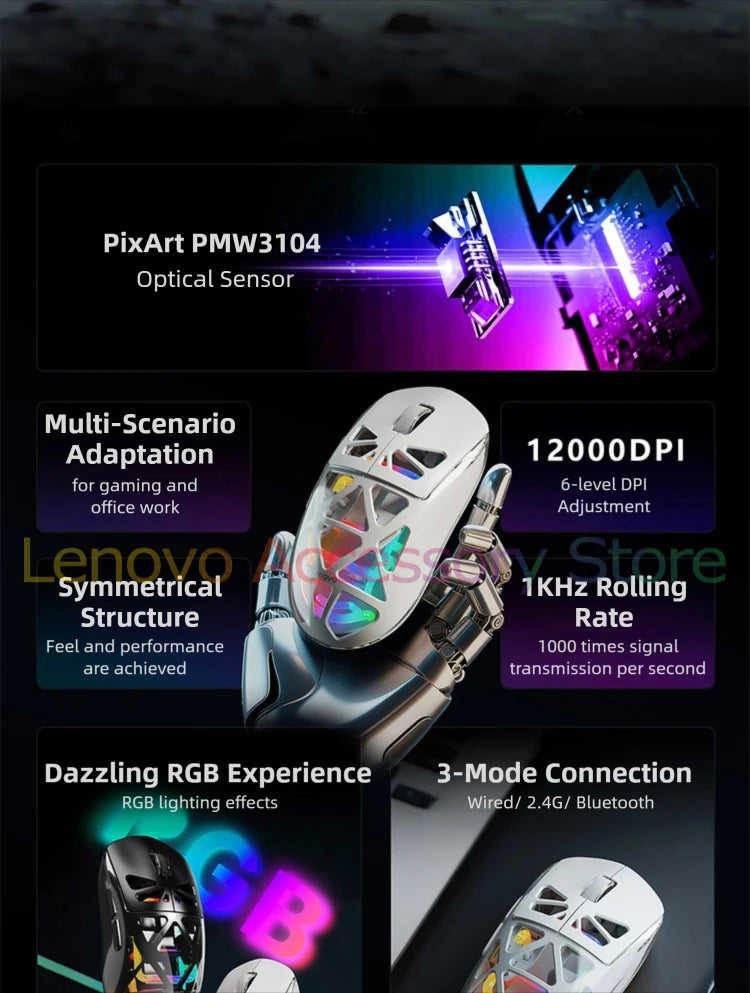 Lenovo Aurora Gaming Mouse GM11 Pro RGB 3-mode 2.4G Wireless Bluetooth 12000 DPI Adjustable Lightweight Portable Rechargeable