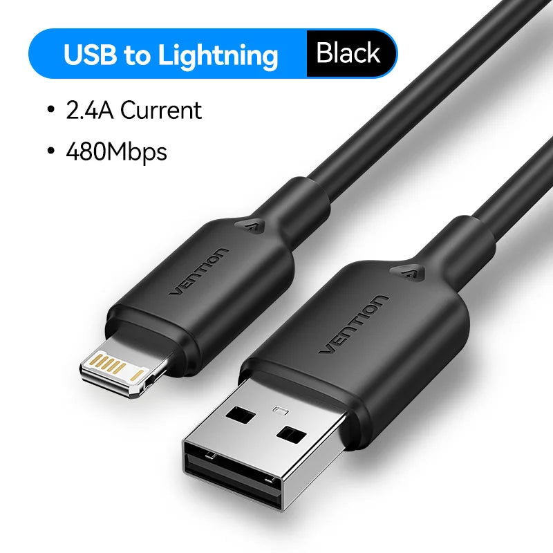 Vention Lightning Cable 2.4A for iPhone 14 13 12 11 8 Pro Max 2.4A USB A to Lightning Fast Charge Cord for iPad Phone Data Cable