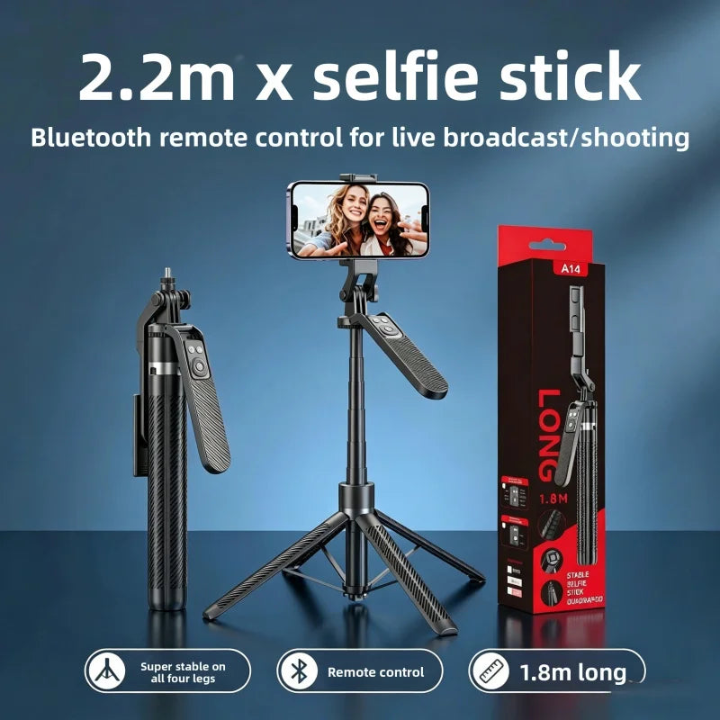 A14 Bluetooth Selfie Stick 1.8M Aluminum Alloy Tripod Stand with One-Key Pop-Up for Phone Live Streaming and Photography